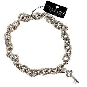 Traci Lynn Chunky Pave Bold Heavy Cable Chain Necklace Key Toggle Silver Tone